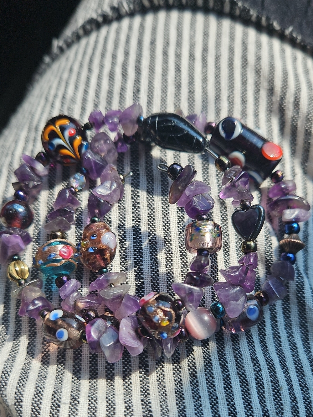 Amythyst And GLASS CATSEYE AND WEDDING CAKE WRAP BRACELET